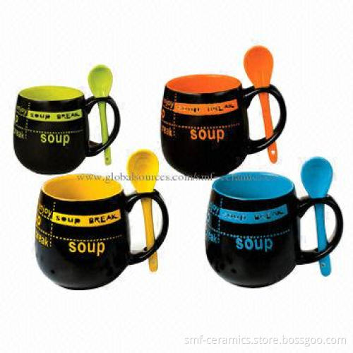 10oz Glazed Soup Mug with Spoon, Available in Different Colors, Customized Designs are Accepted